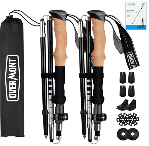 Overmont Wanderstöcke Carbon Ultraleicht faltbar verstellbar 105-125CM Trekkingstöcke Stoßdämpfend Nordic Walking Stöcke 1 Paar mit All Terrain Zubehör