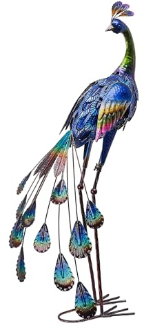 TERESA'S COLLECTIONS Gartendeko für Draußen, Pfau aus Metall 61cm | Große Gartenstatue, Skulpturen, Stehend, für Dekoration von Rasen, Terrasse, Geschenk für Frauen/Mama/Papa (M)