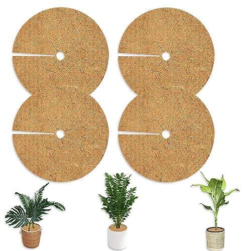 Aoreun 4 Stück Kokos Mulchscheibe, 40 cm Durchmesser Kokosmatte Kokosscheibe Pflanzenschutzmatte Mehrfach Verwendbar Kokos Mulchscheibe für Topfpflanzen Frostschutz Kälteschutz (Braun)