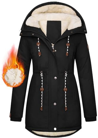 Xnova Damen Wintermantel Fleece gefütterter Parka Mittlere | Warm Teddyfleece Mäntel Draussen Winterjacke mit Kapuze, Taschen, Verstellbare Kordelzüge, Winddichte Baumwolle