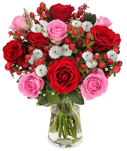 Blumenstrauß "Liebeszauber", Rosaroter Rosenstrauß, Rosen, Waxflowers und Johanniskraut, 7-Tage-Frischegarantie, Qualität vom Floristen, handgebunden, perfekte Geschenkidee