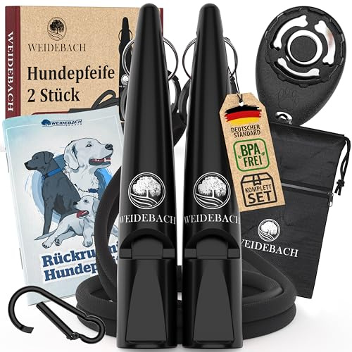 Weidebach® 2X verbesserte Hundepfeife, Stabiler & lauter Ton, inkl. Clicker | inkl. Clicker, Leckerlibeutel & E-Book für Training mit Hund, genormt, Qualitätsband & -Mundstück, gelungenes Rückruftraining