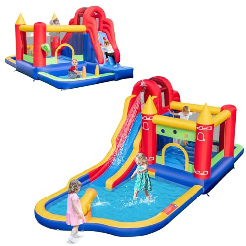 GOPLUS Hüpfburg, Trocken-/Wasserrutsche mit Rutsche, Basketballkorb, Kletterwand, Boxscheibe, Planschbecken, Ballgrub & Hüpfhaus, Aufblasbare Burg für Kinder 3+ Jahre (7 in 1, Mit Gebläse)