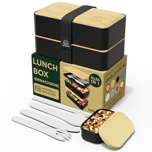 Umami Lunchbox Erwachsene, Auslaufsichere Bento Box mit Fächern und 4 Bestecke, Brotdose Erwachsene, Salatbehälter To-Go, Lunch Box für Picknick/Büro, Schwarz & Beige, 1200 ml