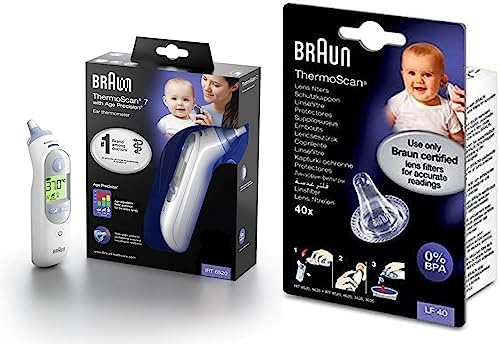 Braun IRT6520 Thermo Scan 7 Infrarot Ohrthermometer + Ersatzschutzkappen für Thermoscan, 40 Stück