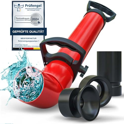 Rohrreinigungsspumpe mit 3 Aufsätzen [2L] - Abflusspumpe für eine effektive Rohrreinigung - Idealer Pressluft Rohrreiniger für Küche, Bad & Toilette!
