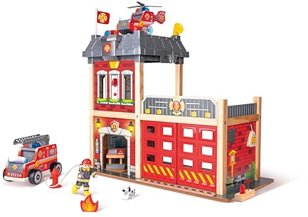 Hape Großstadt-Feuerwache - Spielset aus Holz, Feuerwehrspielzeug, Holzspielzeug, Rollenspiel Set, Feuerwehrstation für Kinder ab 3 Jahren