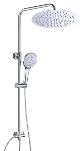 JOHO Edelstahl Duschset ohne Armatur, Regendusche Duschsystem Wassersparend mit Duschkopf, Duschstange, Duschschlauch, Kopfbrause Rund D25cm Chrom