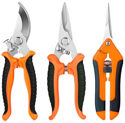Gartenschere Set, Bypass Schere für frisches Holz, Rosenschere, Ernteschere Trimmschere Pflanzenschere für Äste, Blume, Bonsai Obst und Gemüse, Hochwertige Stahl-Klingen, Ergonomische Griffe, Orange