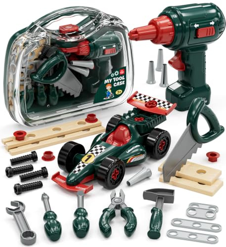 Lehoo Castle Kinder Werkzeugkoffer mit Rennwagen Junge Spielzeug-Grünes | Montessori Spielzeug ab 2 jahre, Kinder Werkzeug mit Bohrmaschine, Geschenke für 3-5 jährigen jungen