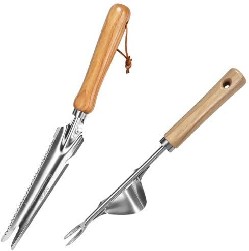 NICAVKIT 2 Stück Hand Weeder unkrautgabel Jäter Werkzeug Gartengerät, Edelstahl Manueller Unkrautstecher Unkrautjäter Wurzeljäter mit Naturholzgriff zum Jäten Ihres Gartens