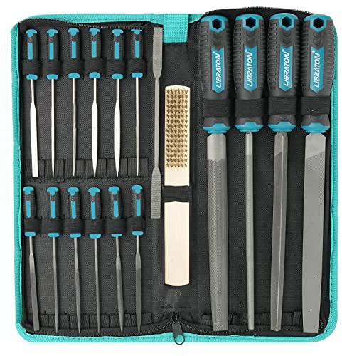 LIBRATON Feilenset 31tlg, Feilenset Metall, Metallfeilen Set, Feilen Set | 4 Metallfeilen 12 Nadelfeilen 1 Riffelraspeln 12 Schleifpapier 1 Stahlbürste Tasche Holz Metall Hartkunststoff 3D-Druckteile