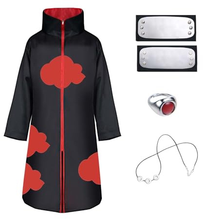 ACWOO Akatsuki Mantel für Erwachsener, Unisex Cosplay Anime Kostüm Itachi Mantel Cosplay Halloween Weihnachten Party Kostüm Umhang, mit Stirnband und Ring