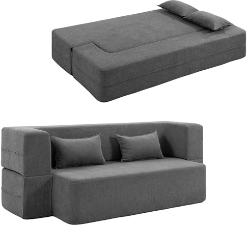 HOMCOM 2-Sitzer-Schlafsofa Bodensofa, Schlafcouch mit Breiten Armlehnen, 2 Kissen und hochdichtem Schaumstoff, weiches Chenille für Wohnzimmer 360 kg Belastbarkeit, Grau