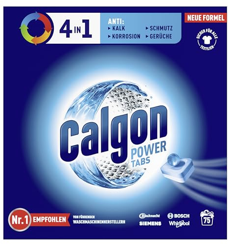 Calgon 4-in-1 Power Tabs – Wasserenthärter gegen Kalkablagerungen, Schmutz, Korrosion in der Waschmaschine und beugt unangenehmen Gerüchen vor – 1 x 75 Tabs