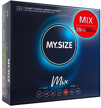 MY.SIZE Mix Premium Kondome Größe 5, 60 mm – 28 Stück | 4 Varianten: Classic, Genoppt, Blau & Rot | Großpackung