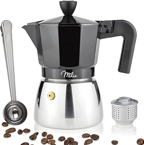 Milu Espressokocher Induktion geeignet | 3, 6, 9 Tassen | Aluminium Mokkakanne, Edelstahl Espressokanne, Espresso Maker Set inkl. Löffel, Bürste (Schwarz, 9 Tassen (400ml)