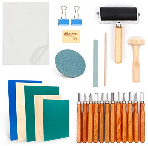 ZPONEED 53 Stück Lino-Schneid und Druckset, Blockdruck Starter Kit DIY | mit Stempelblock, Bildhauerwerkzeugen, Pauspapieren und Mischblock für Stempelschnitzerei und Druckgrafik
