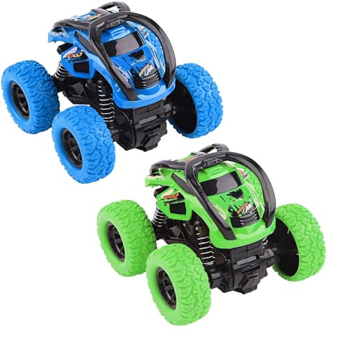 2 Stück Auto Spielzeug ab 2 Jahre, Rückziehauto Spielzeugautos ab 3 Jahre | 360-Grad-Drehungen Monstertrucks, Auto Geschenk für 2-10 Jährigen Jungen Mädchen(Grün,Blau)