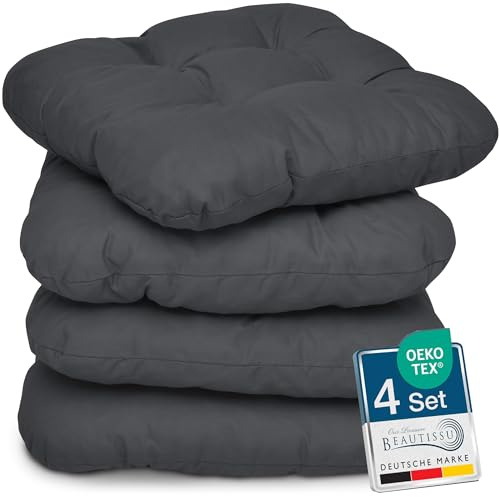 Beautissu 4er Set Sitzkissen 40x40 cm Lisa Anthrazit - weiche Indoor & Outdoor Kissen mit 8cm Schaumstoff Füllung, widerstandsfähige & robuste Sitzpolster für Außenbereich Made in EU