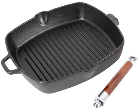 BIOL Grillpfanne 26x26 cm aus emailliertem Gusseisen – Gusseisen Grillpfanne Induktion mit abnehmbarem Holzgriff, quadratische Steakpfanne, ohne PTFE