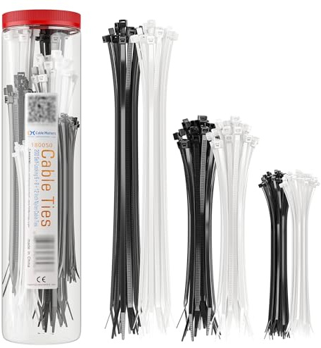 Cable Matters 200er-Set Nylon-Kabelbinder in 15/20/, 30 cm | Selbsteinrastende Kabelbinder, Zip Ties, Schwarz und Weiß, Innen- und Außenbereich