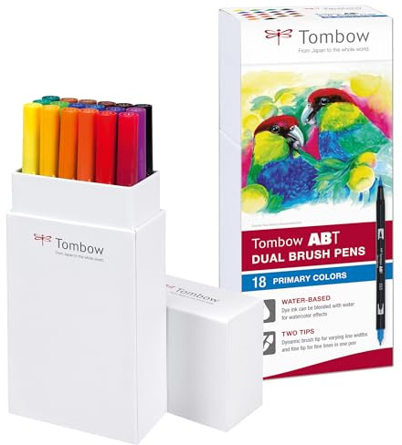 Tombow ABT-18P-1 Fasermaler Dual Brush Pen mit zwei Spitzen 18er Set, primärfarben