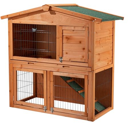 Wiltec 2 Etagen Nagerhaus 871 x 547 x 1000 mm, Hasenstall zweistöckig aus Fichtenholz, mit Bitumeneindeckung und Kotwanne, Kleintierhaus Freilauf Gehege