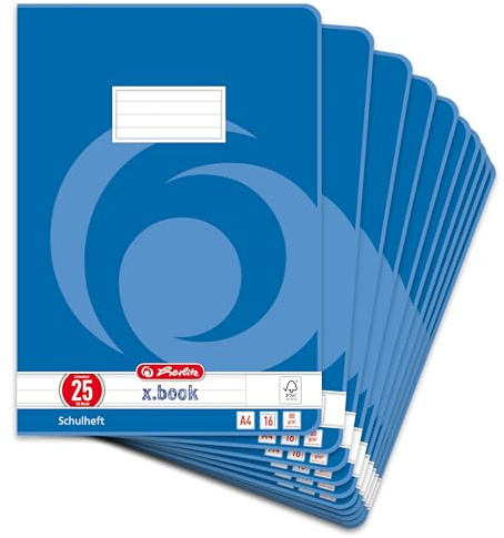 Herlitz Schulheft A4, liniert, Lineatur 25, 16 Blatt, 10 Stück | weißer Rand außen, abgerundete Ecken, holzfreies Papier, 80g/m²