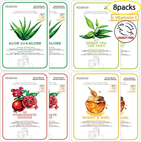 MEAROSA Koreanische Hautpflege Vitamin C Kollagenessenz Gesichtstuchmasken Premiumqualität Empfindliche Haut (8 Maskenarten Packung)