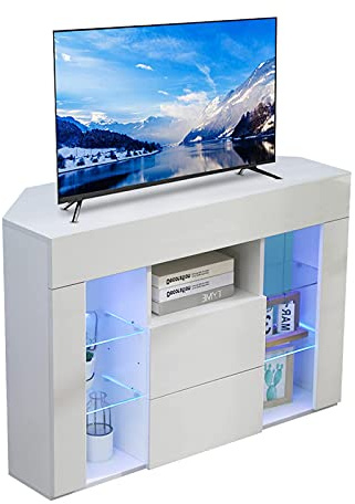 Dripex TV Lowboard Eckschrank mit LED Beleuchtung Weiß Hochglanz Fernsehschrank Eckkommode Fernsehtisch TV Schrank 100x68x40 cm (Weiß)