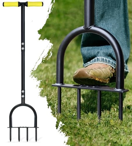 Colwelt Rasenbelüfter für verdichtete Böden und Rasenflächen, rutschfester T-Griff, mit vier 9 cm massiven Stahlspießen, 96 cm