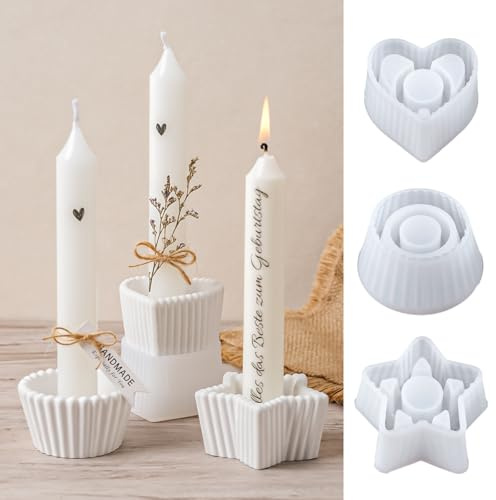 YODOYO Silikonform Kerzenhalter, 3 Stück Silikonformen Gießformen Kerzenhalter, Pentagramm, Runder, Herzform Stabkerzenhalter Kerzenformen für Beton, Gips Silikonformen, DIY Weihnachtsdeko