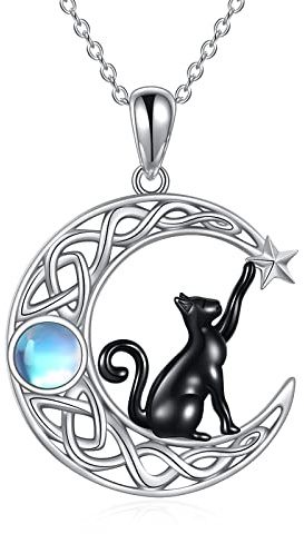 VONALA Katze Anhänger Kette, 925 Sterling Silber Tier Mond Halskette Schmuck Geschenk für Damen