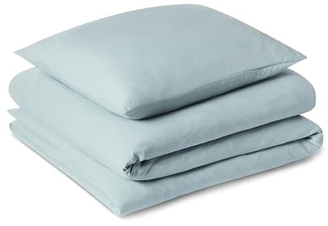 Amazon Basics Bettwäsche 135x200 2teilig Vorgewaschene Mikrofaser, Extra Weich mit Knitter-Look, Bügelfrei, Bettbezug 135x200 cm & 1 Kissenbezug 80x80 cm, Blau