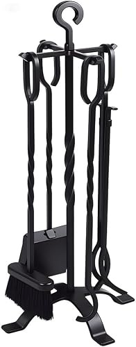 AMAGABELI 26(66cm) 5-teilige Kaminbesteck Set Kamingarnitur mit Schmiedeeisen und Innenausstattung Kaminzubehör Kaminständer Feuerzange Schaufel Antikbürste Schornsteinschürhaken Schwarz