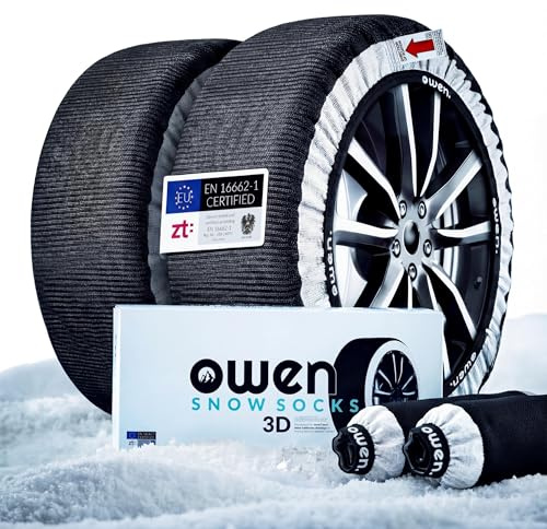 OWEN Schneeketten Textil (Paar) | Die Schnelle Anfahrhilfe bei Schnee & Eis | Geeignet für ABS/ESP | 3D-Grip Traktion & Felgenschutz | Montage in 2 Min | XS-XXL (XL)
