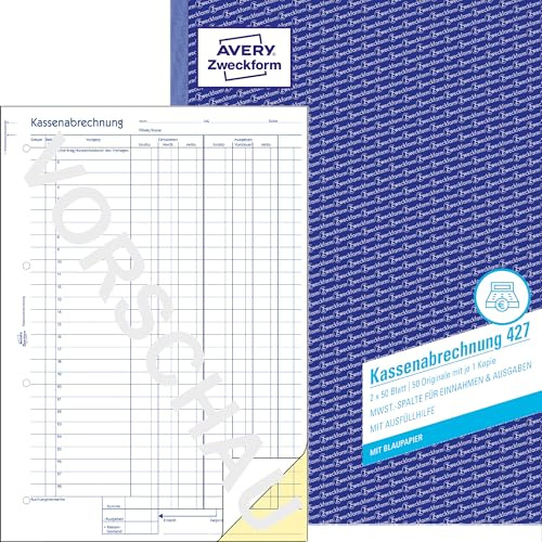 AVERY Zweckform 427 Kassenabrechnung (A4, 2x50 Blatt, 1 Blatt Blaupapier, MwSt.-Spalte für Einnahmen & Ausgaben, von Rechtsexperten geprüft, für DE/AT, zur ordnungsgemäßen Buchführung) weiß/gelb