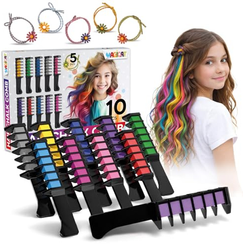 Magicat Haarkreide für Mädchen Deluxe Set 2026 I 10 Farben & 5 Haargummis I Kinder Haarfarbe auswaschbar, Kinderschminke Fasching & Schminke Karneval, Faschingsschminke Kinder, Haarschmuck Karneval