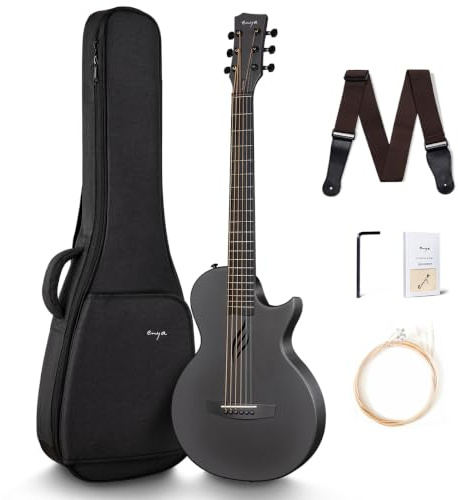 Enya Nova Go Akustikgitarre aus Kohlefaser 1/2-Größe (Schwarz) | Anfänger-Set Gitarre für Erwachsene, Anfänger, Reisengitarre mit Gitarrengurt, Ersatzsaiten