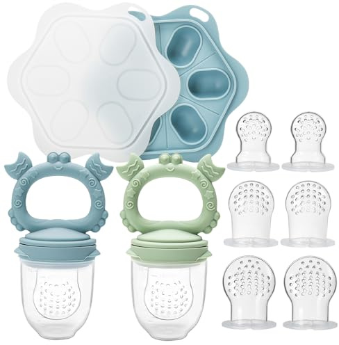 CLDY Silikon Fruchtsauger Baby, Baby Obst Nahrung Futterautomat & Mini-Gefrierschrank Knabbern Tablett-Kombination, muttermilch-Zahnen-Eis am Stiel, BPA-frei, 6 Silikon Sauger in 3 Größen ab 3 Monate+