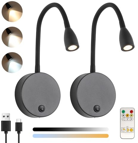 Klighten 2 Stück Leselampen Wand Kabellose Dimmbar mit Fernbedienung, Akku Bett Leseleuchte 2W LED Bettleuchte Bettlampe 200LM Einstellbar USB Wandleselampen mit Aufladbare Batterie, Schwarz