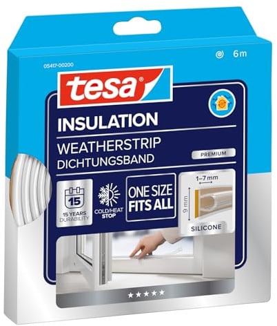 tesa INSULATION Dichtungsband Premium - Selbstklebende Silikondichtung zum Isolieren von Spalten an Fenstern und Türen - Transparent - 6 m x 9 mm x 7 mm
