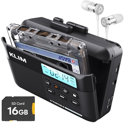 Kassettenspieler mit Fusion-Ohrhörern - Cassette Player - Kassetten Digitalisieren - Tragbarer Kassettenrekorder - Mikrofon & Lautsprecher - Wiederaufladbarer Akku - 16GB SD-Karte - Schwarz