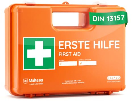 Erste Hilfe Koffer nach neuer DIN 13157:2021 | Gefüllt, inkl. Wandhalterung, 5x Aufkleber, Prüfsticker & 3x Plomben | Erste Hilfe Kasten/Verbandkasten für Betriebe, Unternehmen, Büro & Zuhause