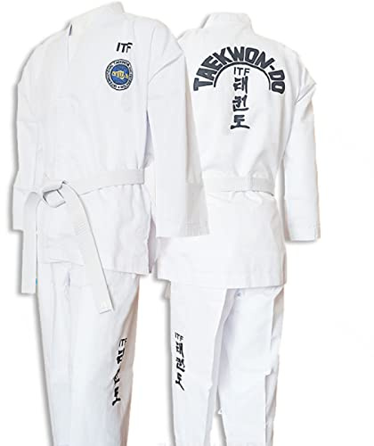 ITF Taekwondo Uniform Kinder Erwachsene Gestreifter Stoff Karate Gi Judo Anzug für Wettkampf und Training,White-160