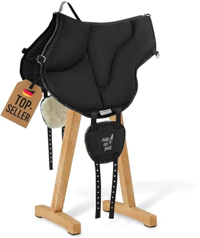 Barefoot Ride-On-Pad schwarz – Pferdefreundliches Reitkissen mit V-Gurtung – rutschfeste Mikrofaser-Oberfläche & Schafwoll-Patches – Größen für Erwachsene