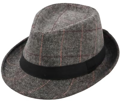 Upstore Herren Klassische Karomuster Manhattan strukturiert Gangster Trilby Fedora Hut Cuban Style Derby Hut Jazz Cap