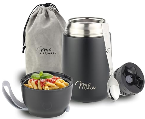 Milu® Thermobehälter für Essen 650ml, Edelstahl Warmhaltebehälter mit Löffel, Thermobecher Essen, Thermo Lunchbox für Kinder, Erwachsene, Thermobox Suppen, Babybrei, Speisebehälter Schwarz, 650ml
