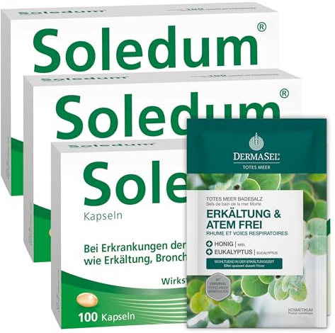 Soledum Kapseln - 3x 100 Erkältungskapseln mit Cineol bei Entzündungen der Atemwege wie Bronchitis inkl. 80g DermaSel Erkältungsbad im Sparset